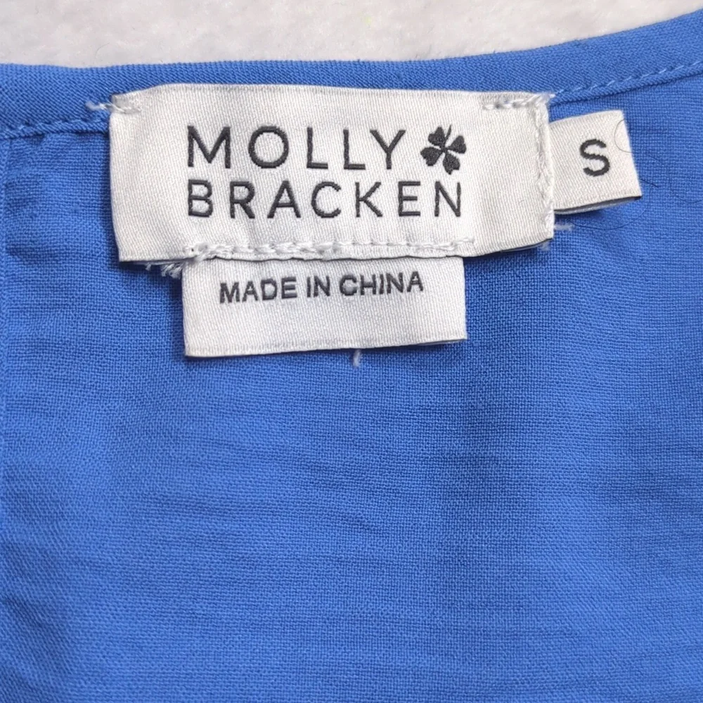 Molly Bracken Blue Ruffle Sleeve Pleated Neckline Blouse, Size S - Picture 2 of 10
